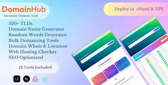 Domain Hub - Domain Checker, AI Name Generator, Who-is-hosting, Whois, DNS React Nextjs tools